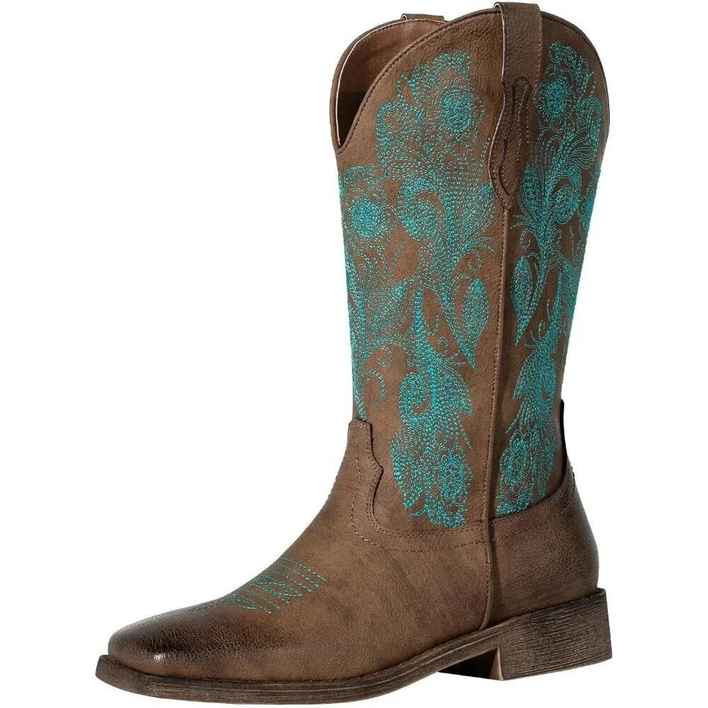 Women Dark-Brown Square Toe Calf High Fashion Western Embroidered Cowgirl Boots - Picture 1 of 9